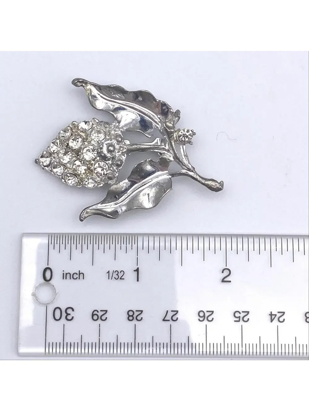 Ornate Vintage Silver Tone and Clear Rhinestone Grape Cluster with Leaves.